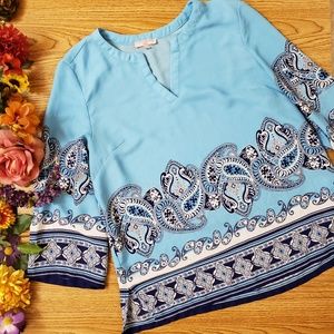 St. Tropez West Blue Paisley Boho Top